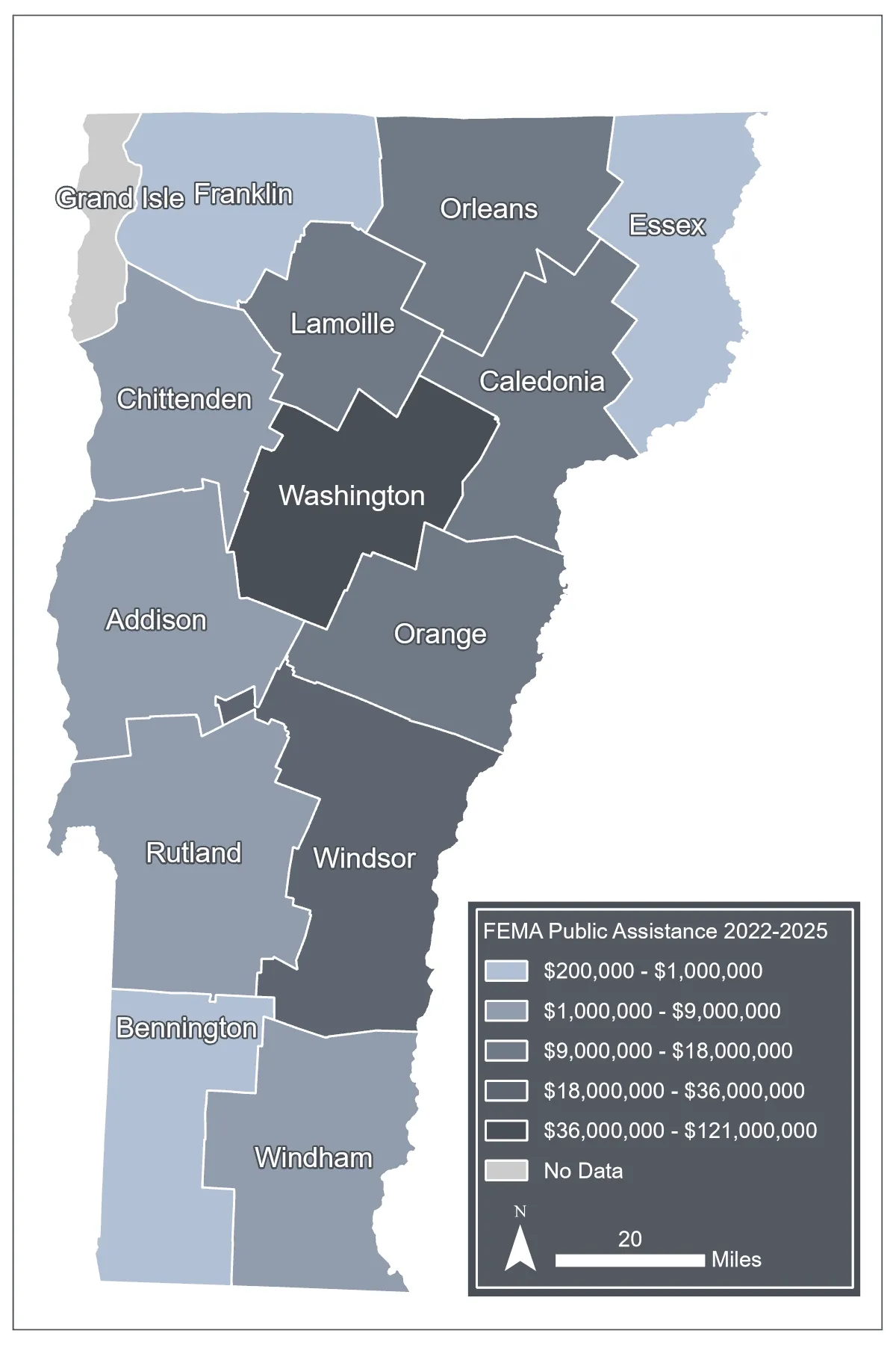 Map of Vermont counties showing FEMA Public Assistance funding from 2022 to 2025, with funding ranges represented by varying shades of gray from light ($200,000-$1,000,000) to dark ($36,000,000-$121,000,000). Washington and Windsor counties receive the highest funding, while Bennington, Franklin, and Essex counties have the lowest.