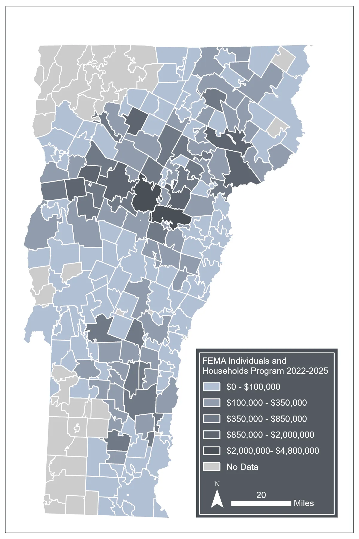 Map of Vermont showing FEMA Individuals and Households Program funding from 2022 to 2025 by county, with color gradients from light gray ($0-$100,000) to dark gray ($2,000,000-$4,800,000). Map includes labeled legend, county boundaries, and a scale bar indicating distances up to 20 miles, highlighting areas with varying levels of FEMA assistance. Darker, higher, concentrations are clustered as a band across the middle of the state, and in the southeastern region.