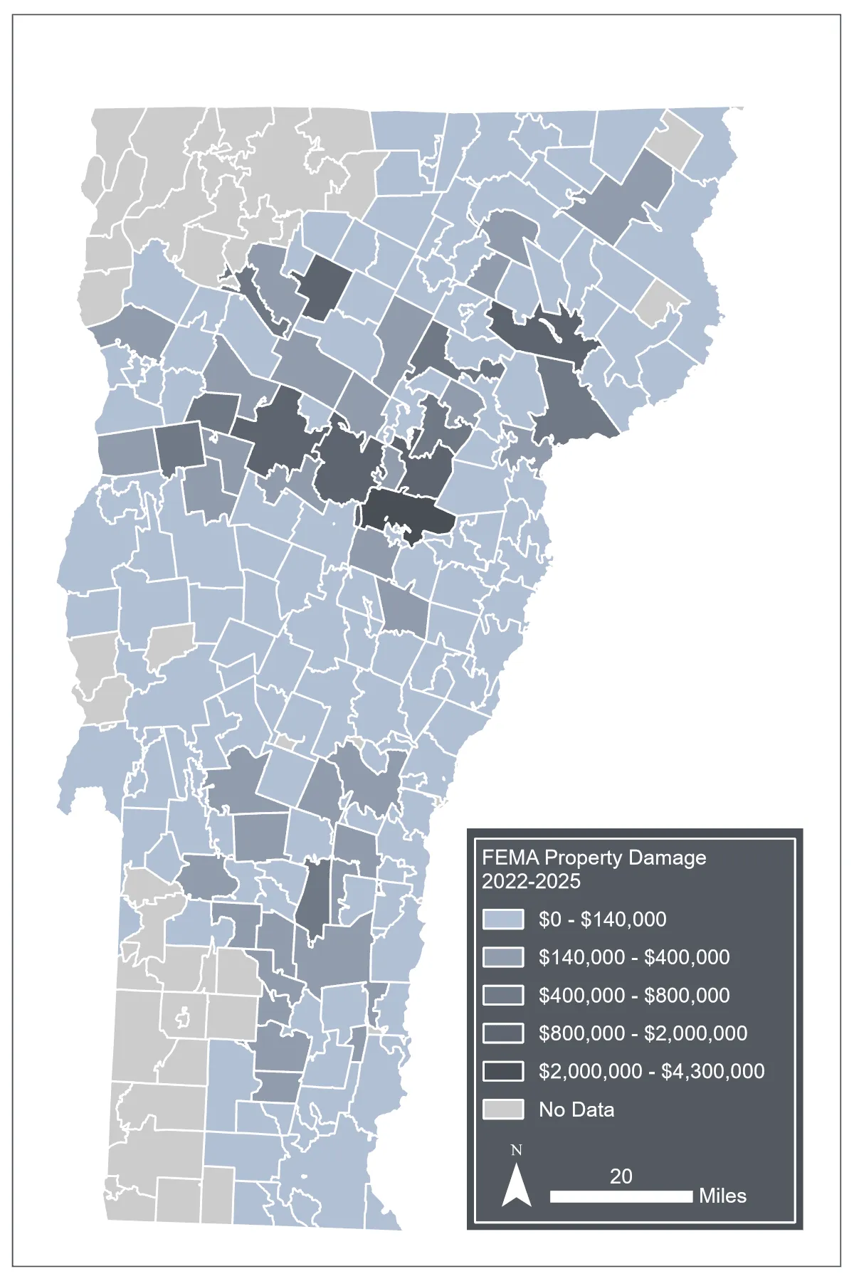 Map of Vermont showing FEMA property damage estimates from 2022 to 2025 by county, with color-coded ranges from $0 to $4.3 million and areas marked as no data. Darker shades indicate higher damage amounts, with a legend, north arrow, and scale bar included for reference. Darker, higher values are concentrated in a band extending from the Burlington area to Montpelier.