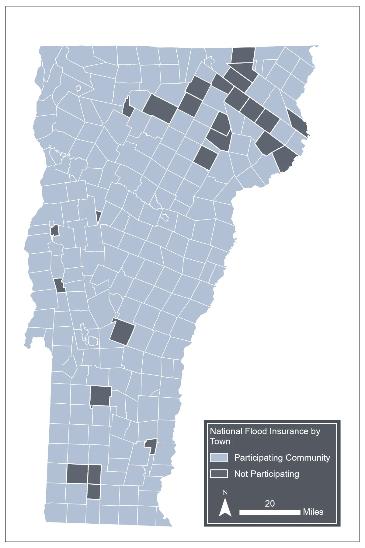 A map of the state of Vermont, showing which communities are eligible for the National Flood Insurance Program. Ninety percent of communities are eligible. non-participating communities concentrated in the northeastern counties