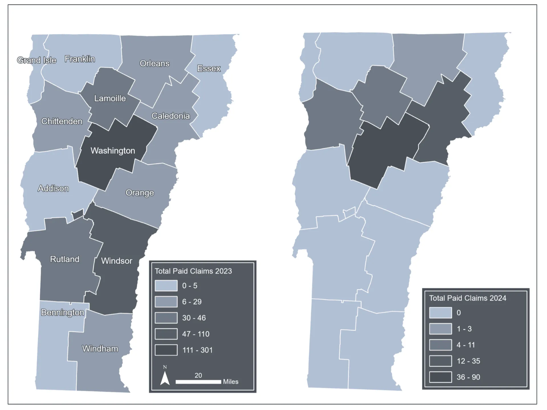 Two chloropleth maps of the state of Vermont and its county boundaries. Both show the total paid Flood Insurance claims, on the left for 2023 and on the right for 2024. In 2023, Washington and Windsor counties had the highest number of paid claims; in 2024, Washington and Caledonia counties had the highest number of paid claims.