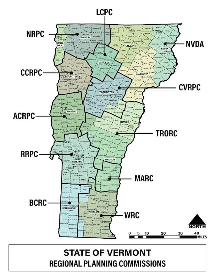 A map of the state of Vermont showing the boundaries of the 11 regional planning commissions and the towns that are part of each.  