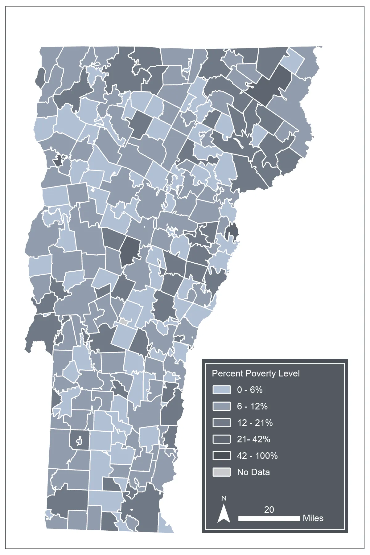 Map of Vermont showing percent poverty levels by region, with areas shaded from light to dark gray representing poverty ranges from 0-6% up to 42-100%. Map includes labeled legend, north arrow, and scale bar indicating distances up to 20 miles, highlighting spatial distribution of poverty across the state. Darker clusters of higher poverty rates are scattered across the middle of the state, towards the southern boarder, and concentrated in the northeast corner of the state.