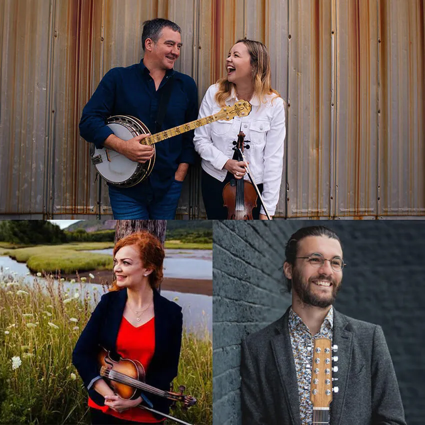 Two men and two women holding stringed instruments