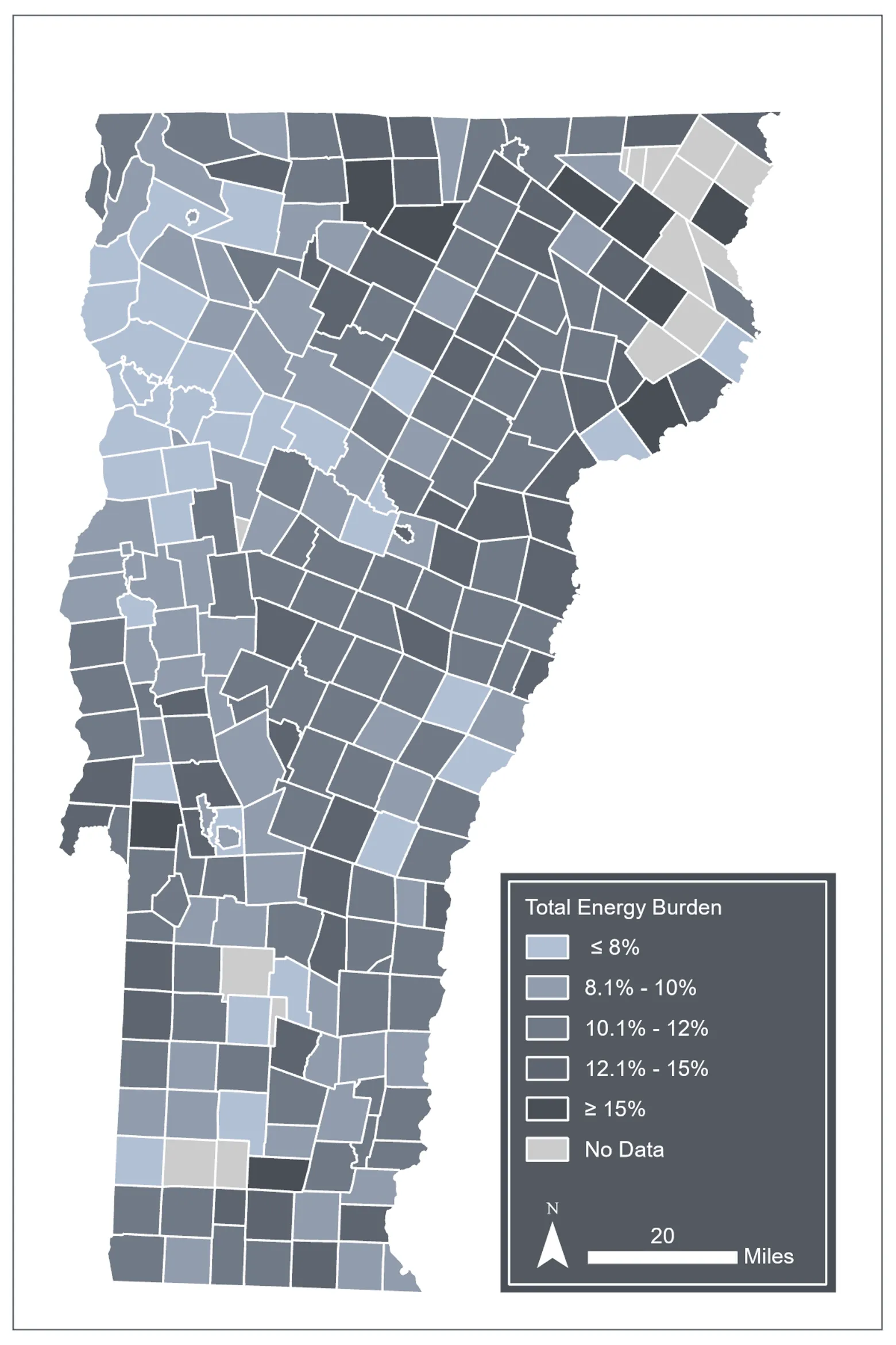 This map of Vermont uses a gray scale to show the energy burden by township of Vermont residents. Residents of more rural and historically poor counties have higher energy burdens compared to richer, more urban counties. 