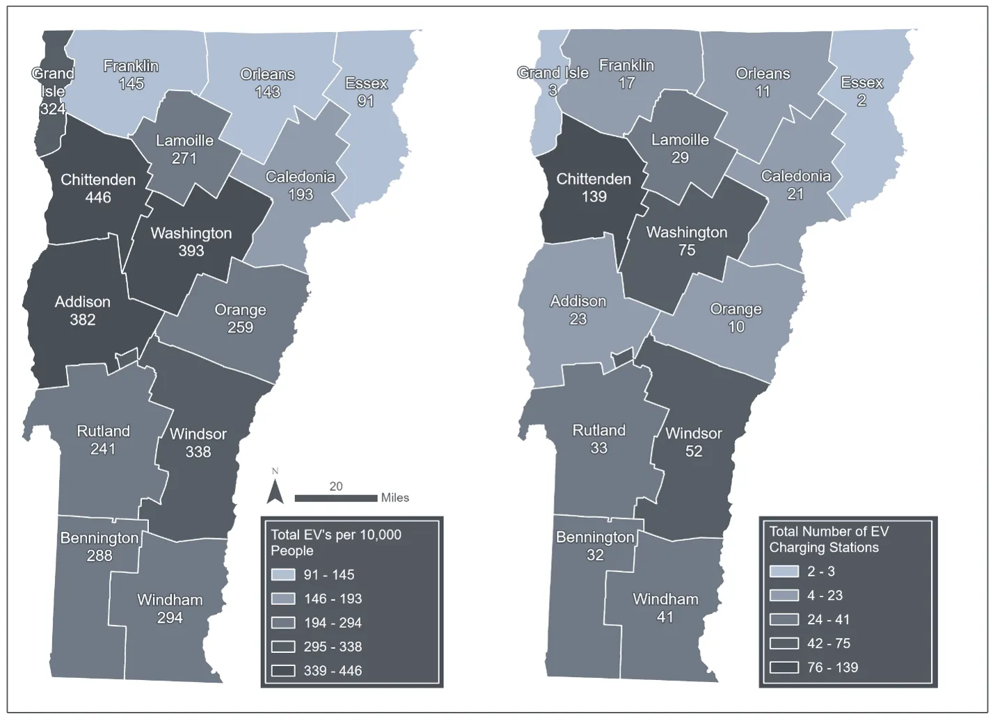 Two choropleth maps of Vermont divided into counties. The first map displays total EVs per 10,000 people per county and Addison (382), Washington (393), and Chittenden (446) counties have the highest numbers. The second map displays total EV charging stations per county with Chittenden County having the most (139). In both maps, the Northeast Kingdom has the lowest values.