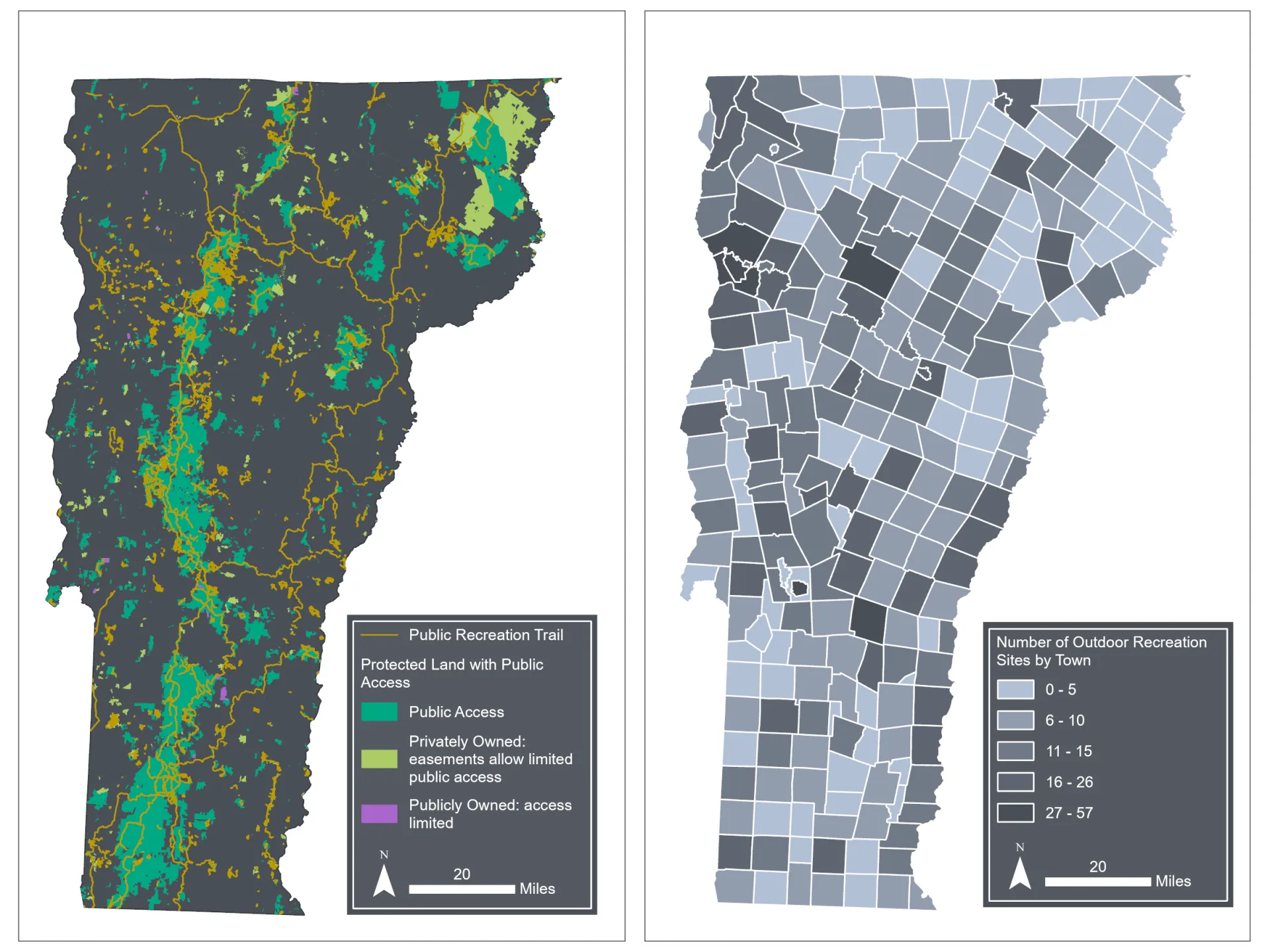 Two side-by-side maps of Vermont. The leftmost map shown public recreation trails and protected land with public access including privately and publicly owned land. Public access land is dense in the green mountains and NEK. The rightmost map shows the number of outdoor recreation sites by town ranging from 0-57 with the towns with lower numbers shaded in light grey and the towns with higher numbers shaded in dark grey. Overall, recreation sites are diffuse across the state (no pattern). 