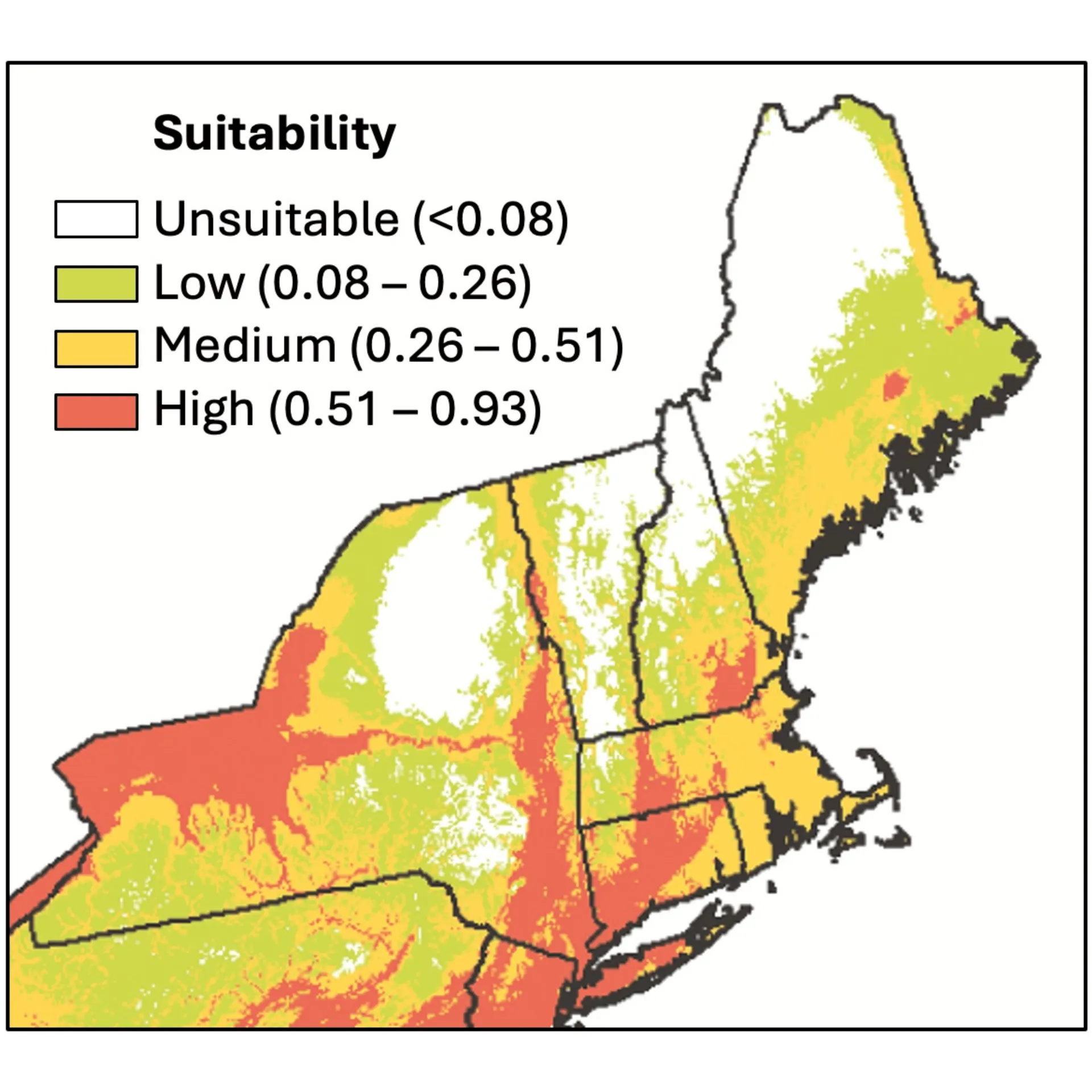 Map of spotted lanternfly habitat suitability in Vermont and the surrounding states. Unsuitable habitat is white, low suitability (0.08 to 0.26) is green, medium suitability (0.26 to 0.51) is yellow, and high suitability (0.51 to 0.93) is red. The northern parts of New York, Vermont, New Hampshire and Maine are white but also have highly suitable habitat.