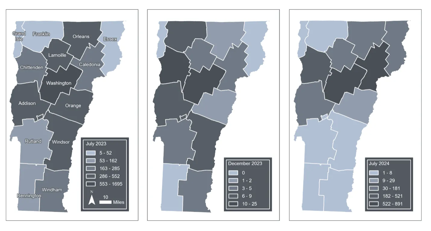 Three grayscale maps of Vermont with boundaries for the state’s counties, shading is based on the number of 211 reports by county for three flood events, (July 2023 (left), December 2023 (middle) and July 2024 (right). Washington County is shaded for a high number of 211 reports for all three flood events