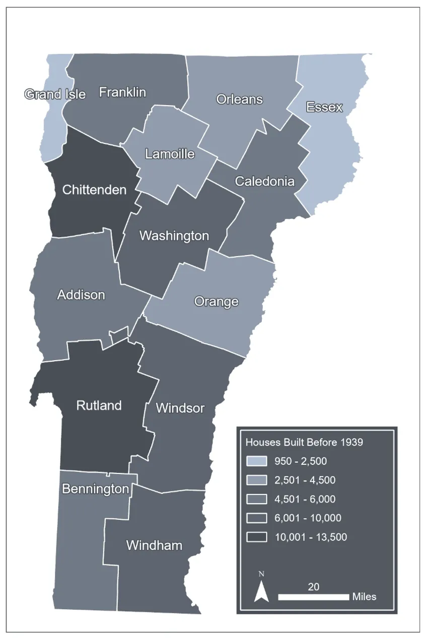 Greyscale map of Vermont showing county boundaries, shaded based on the number of houses built before 1939, with the greatest number of old houses being in Rutland and Chittenden County