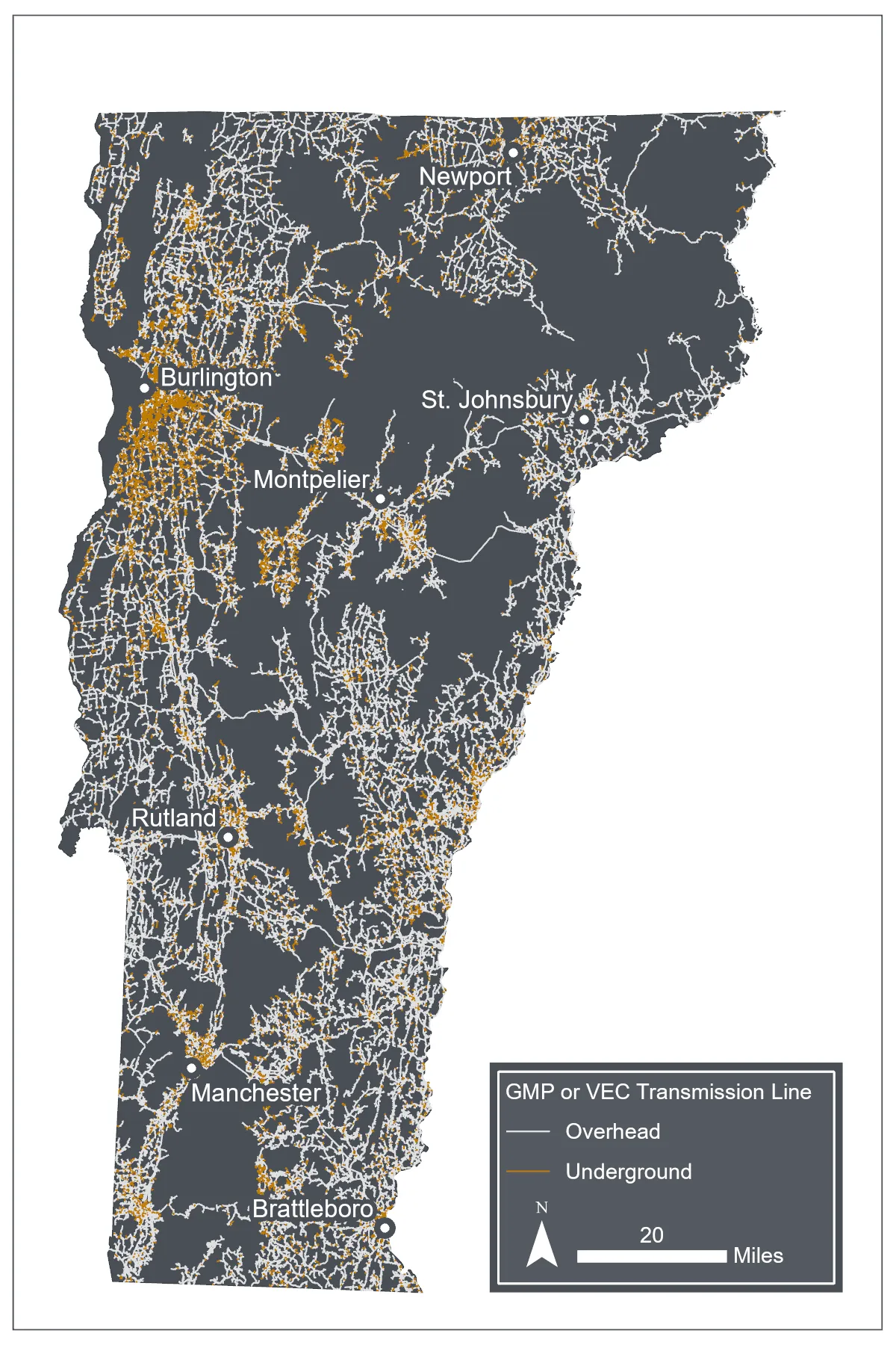 Map of Vermont showing underground transmission lines in yellow, and overhead transmission lines in white. Yellow lines are concentrated in Chittenden County, and dense village or city centers around the state