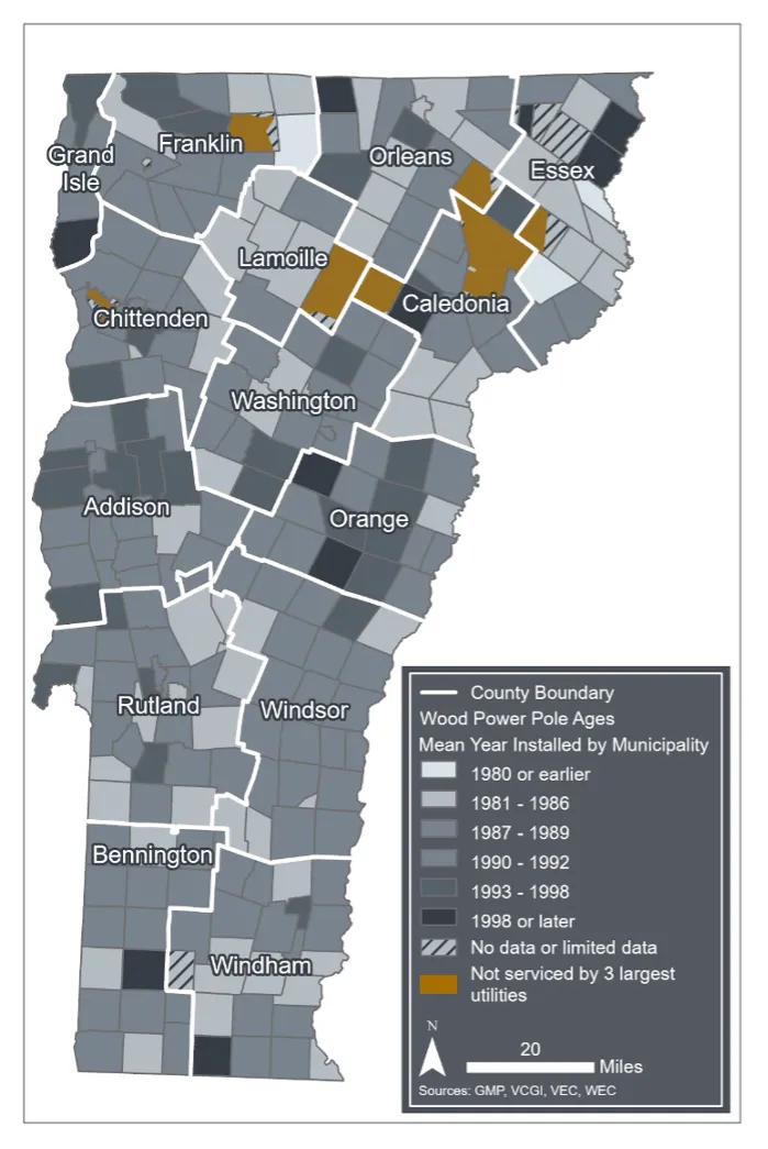 Greyscale map of Vermont showing county and town boundaries. Towns are colored based on the average age of wood power poles, aggregated to municipality.