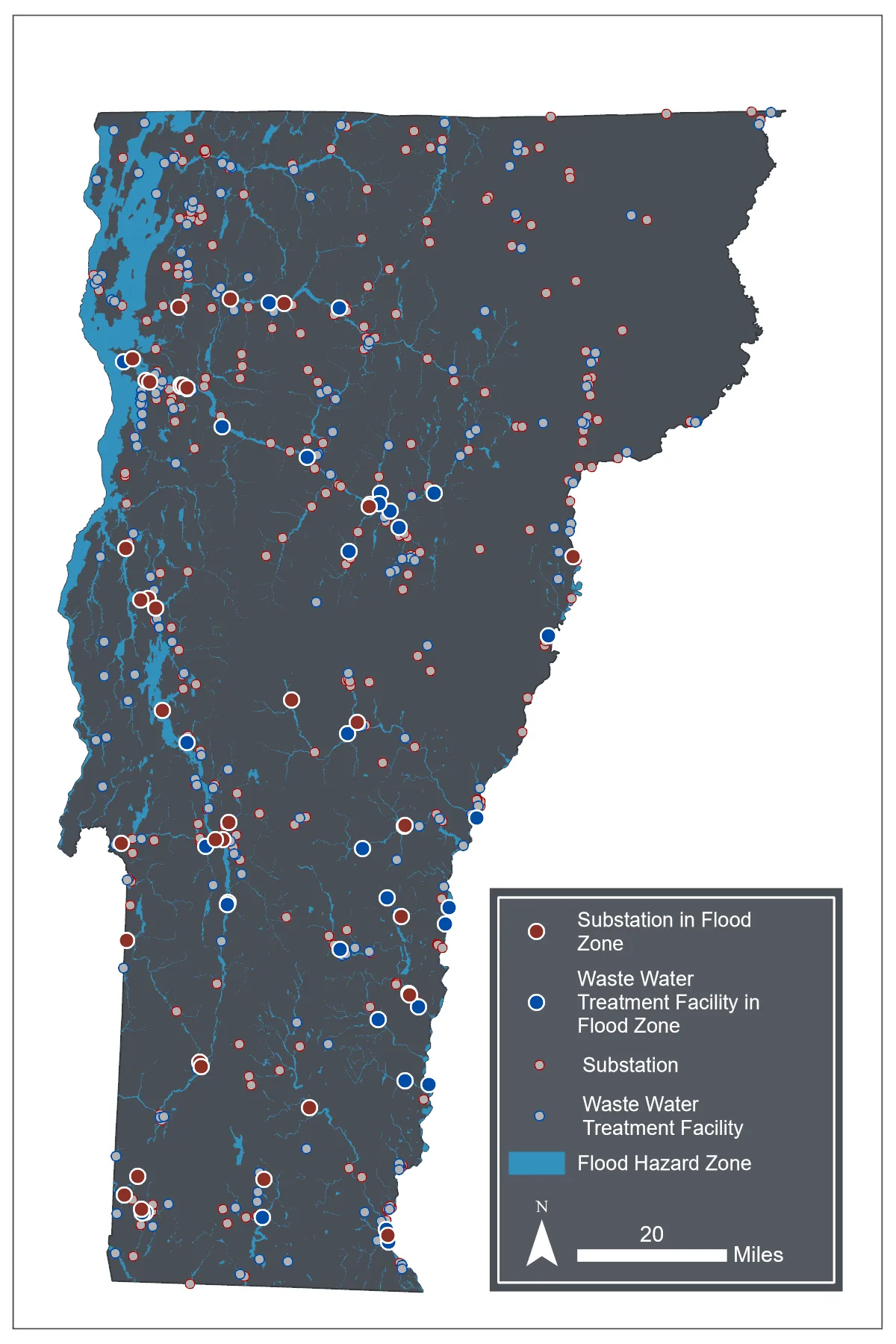A map of Vermont showing substations (red dots) and wastewater treatment facilities (blue dots), larger dots indicate that the substation is in a flood hazard zone.