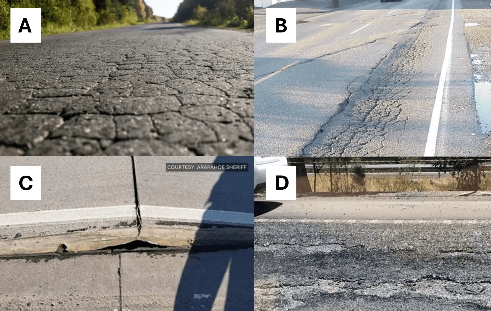 Four images are shown in this picture. Image A shows a photograph of an asphalt road with a web of connected cracks. Image B shows a photograph of an asphalt road with a deep rut running along one lane. Image C shows a photograph of a road with buckled concrete separated by a crack Image D shows a photograph of a road where the asphalt appear rough and worn.