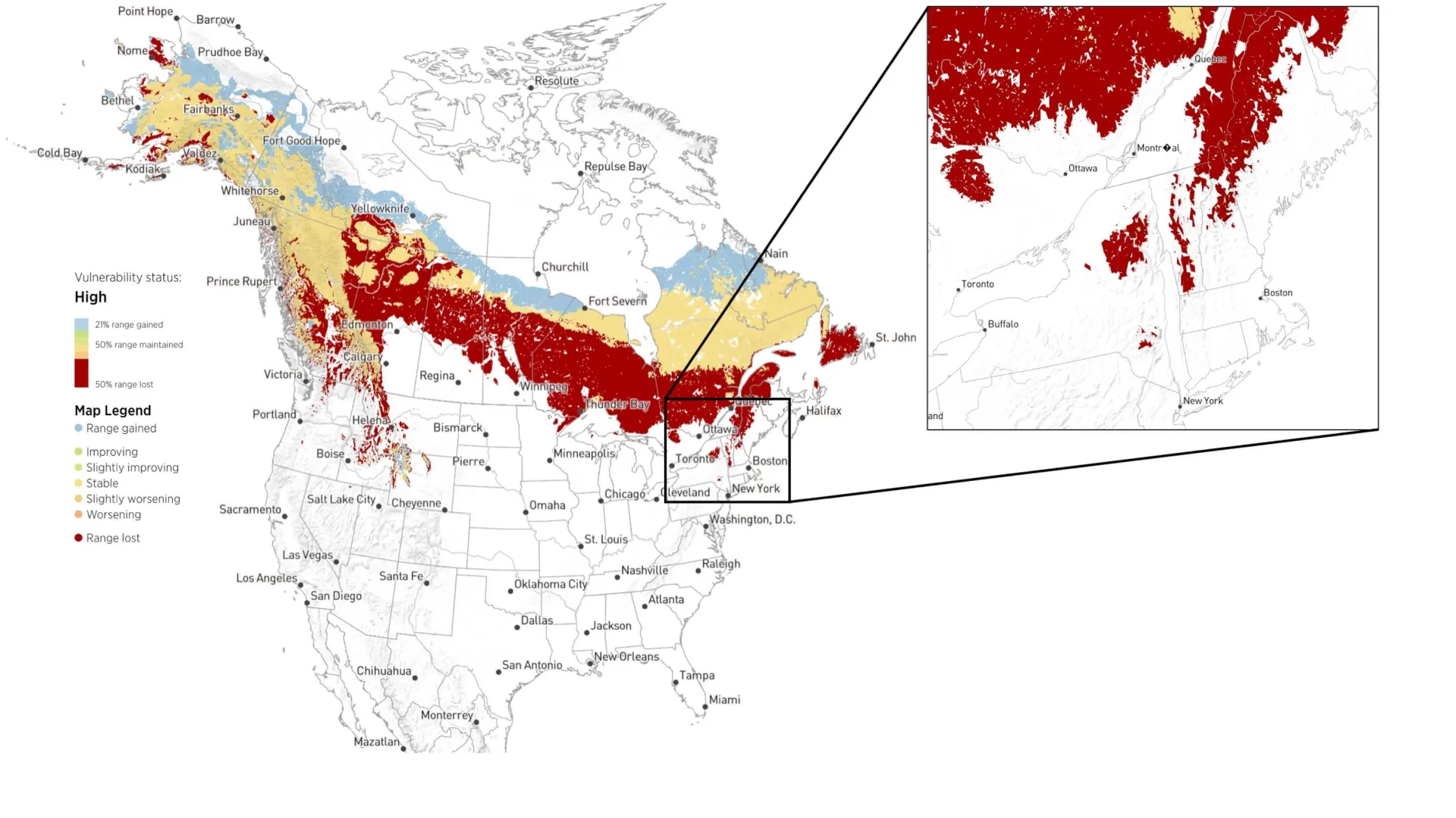 Map of the United States and Canada with spruce grouse range overlayed. There is an inset square in the top right corner of Vermont and the surrounding states. Range lost is in dark red, range stable is in yellow, and range gained is in light blue.