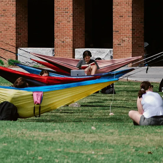 Students lounging in hammocks on a spring day outside Kalkin Hall