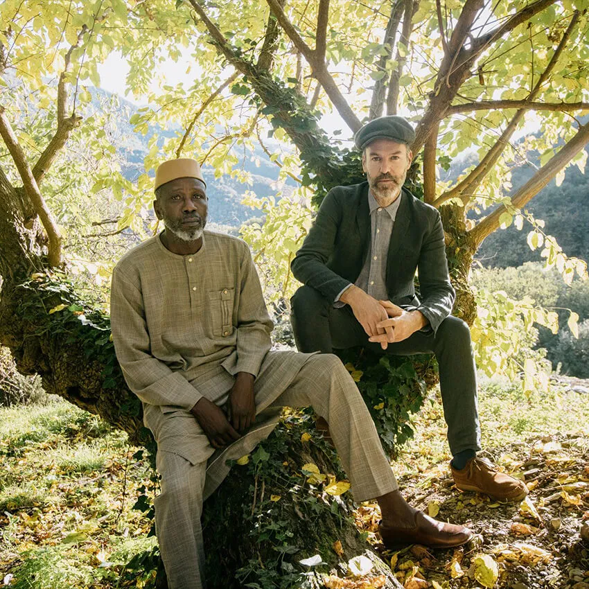 Two men, one in traditional African dress and the other in a suit and flat cap, sit in the crook of a large tree