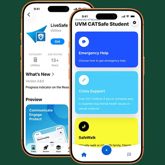 Screenshots of the LIVEsafe app on the app store and the CATsafe app student home page inside of phones.
