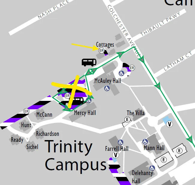 Road map section showing the Trinity campus buildings at UVM, with a section of Colchester Avenue. The parking area next to Mercy Hall has been covered by a yellow X. Following a green line indicating bus travel, the Cottages south east of Mercy are indicated with a yellow arrow.