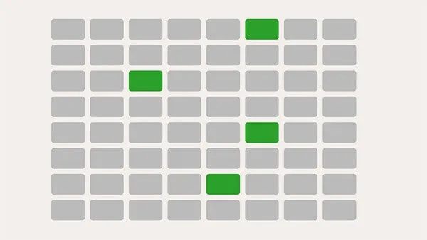 an 8 by 8 grid of grey blocks with four random green blocks 