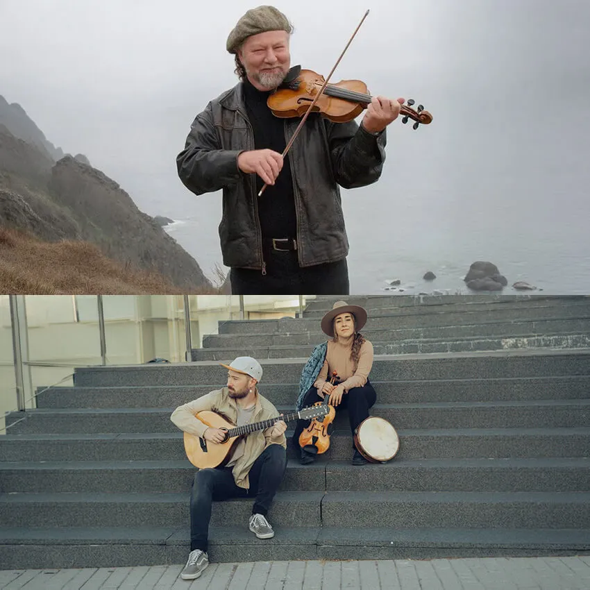 Above, a man with a violin, below, a man and a woman sitting on steps