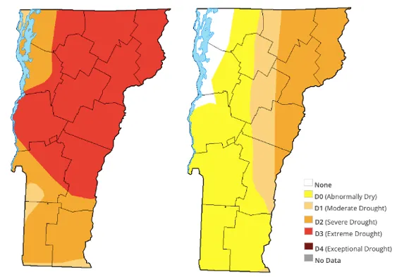 The figure shows Vermont in peak drought in October 2025 and Vermont at the end of the drought in November 2025. It shows that Northeastern Vermont was under more severe drought than Southeastern Vermont for both the peak and end of the Drought.