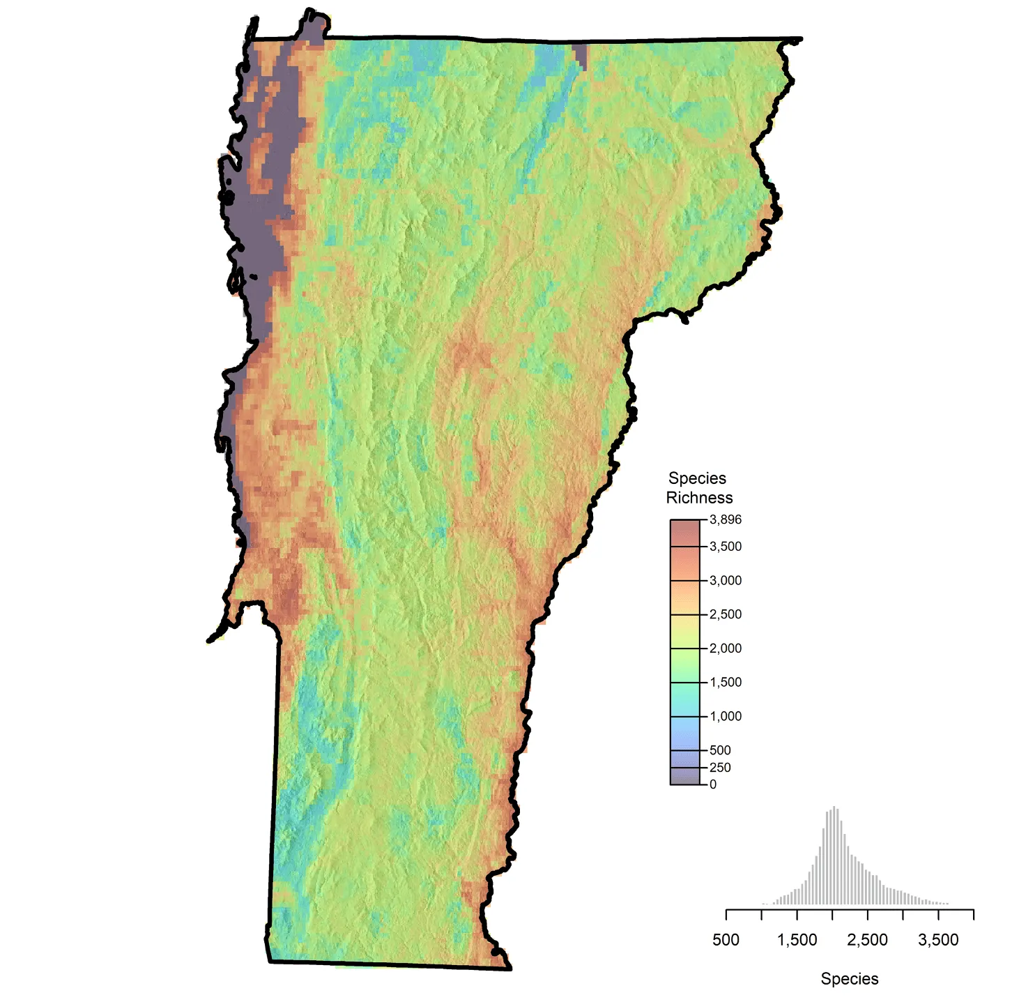 Topographic map of Vermont displaying species richness distribution using a color gradient from blue (lowest) to red (highest), with species counts ranging from 0 to over 3,500. A histogram inset shows species frequency distribution, highlighting most areas have species richness between 500 and 2,500.