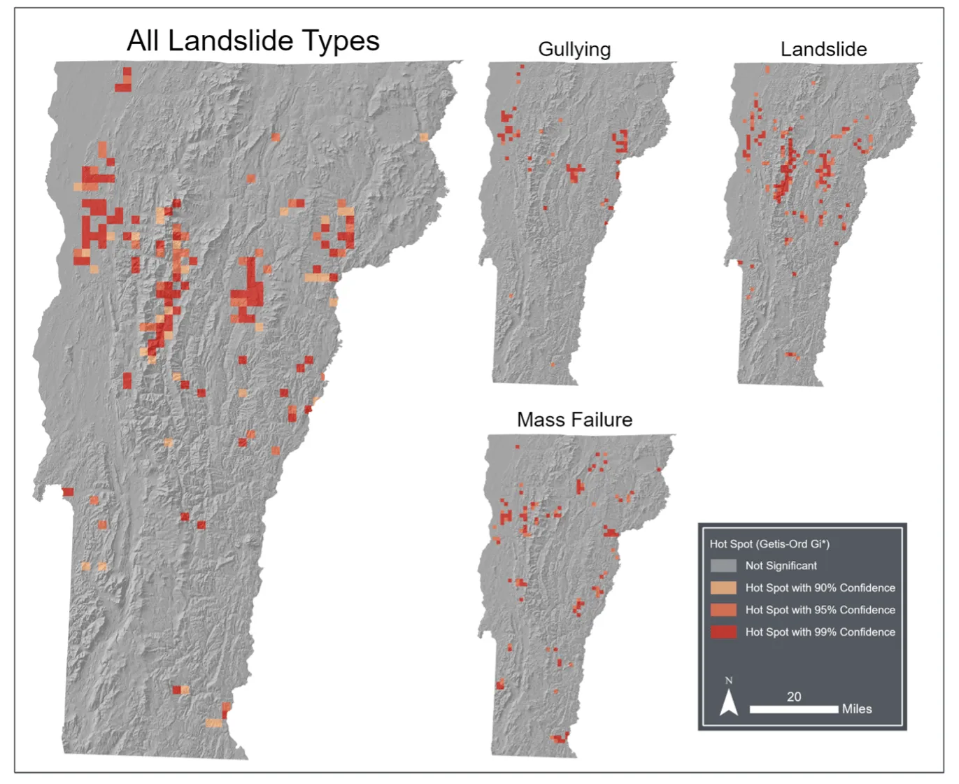 Hotspot analysis of landslide types (gullying, landslide, and mass failure) in Vermont. 