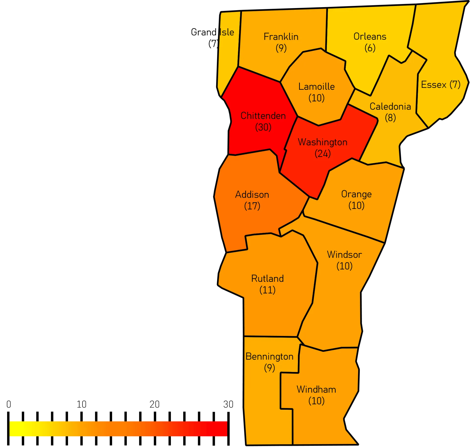 A map of Vermont that shows county boundaries shaded using a yellow to red scale based on the number of knowledge brokers that reported working in that county, Chittenden (n=30) and Washington counties (n=24) are the most red, while Orleans (n=6)