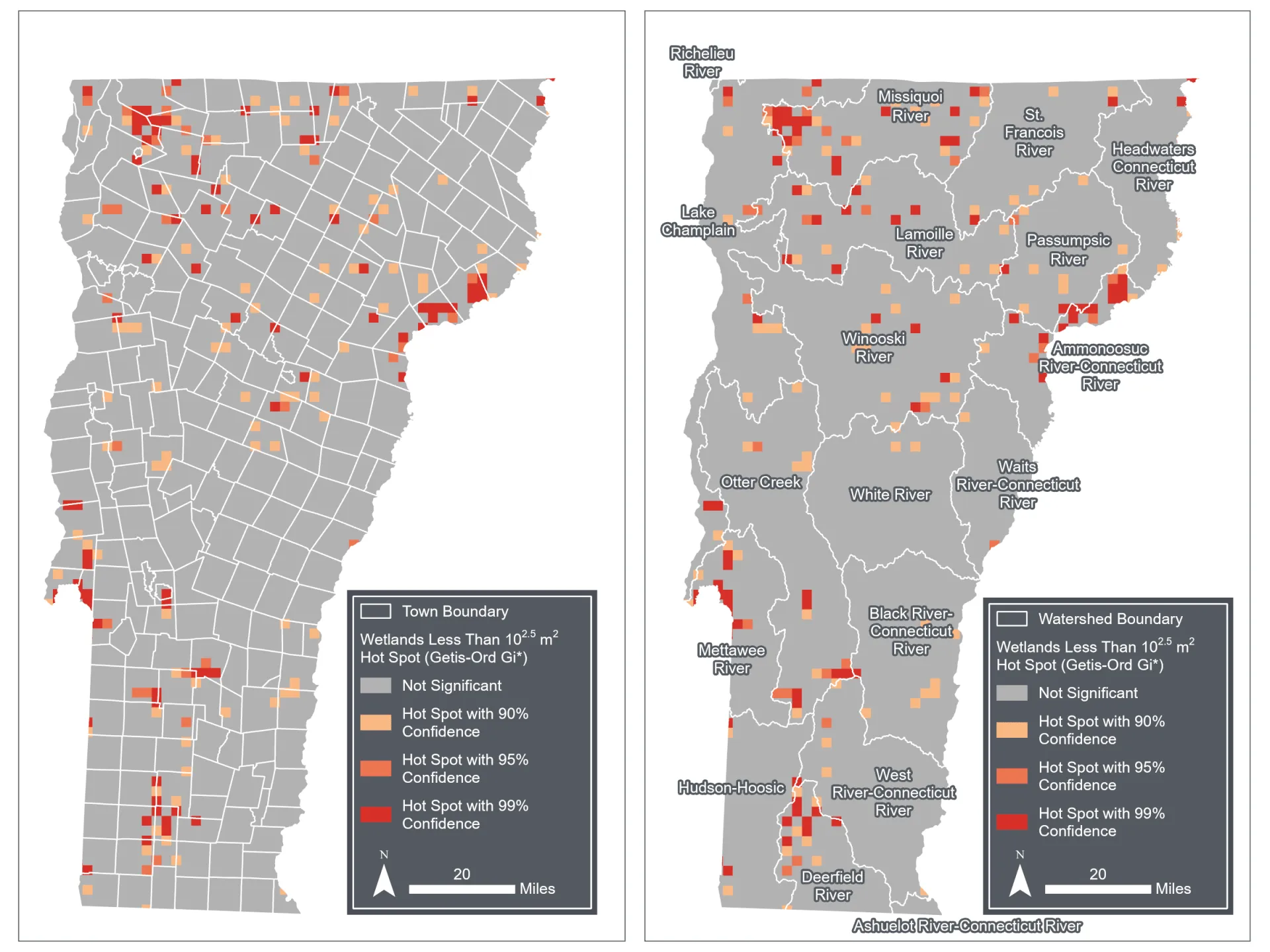 Hotspot analysis of wetlands less than 10^2.5 m^2 in Vermont within town boundaries (left) and watershed boundaries (right). 