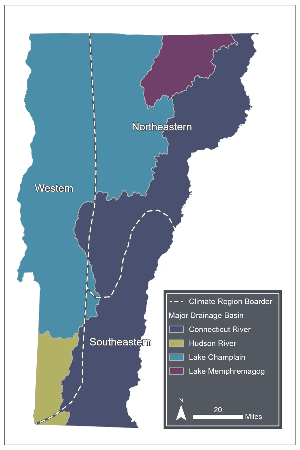 Map of Vermont showing major drainage basins with color-coded regions for Connecticut River (dark blue), Hudson River (light green), Lake Champlain (blue), and Lake Memphremagog (purple). Climate division borders are marked with dashed lines, dividing the state into Western, Northeastern, and Southeastern zones, with a scale bar indicating 20 miles.