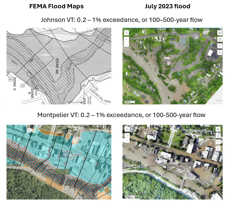 Comparison of FEMA flood maps and where July 2023 flooding actually occurred. Examples include looking at maps and aerial imagery from Johnson and Montpelier. 