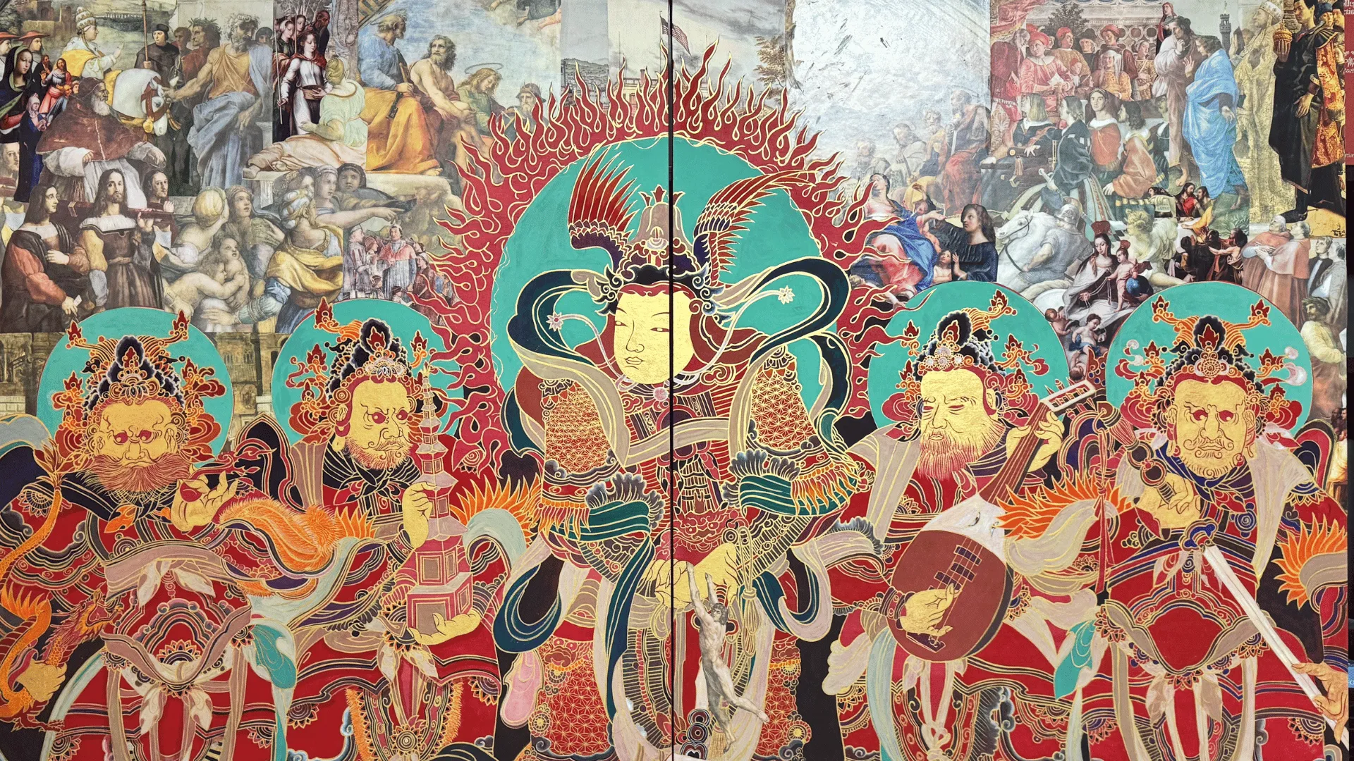 Detail from Misoo Bang's Heavenly Guardians-Lokopalas, 2025. Stone pigments with collage