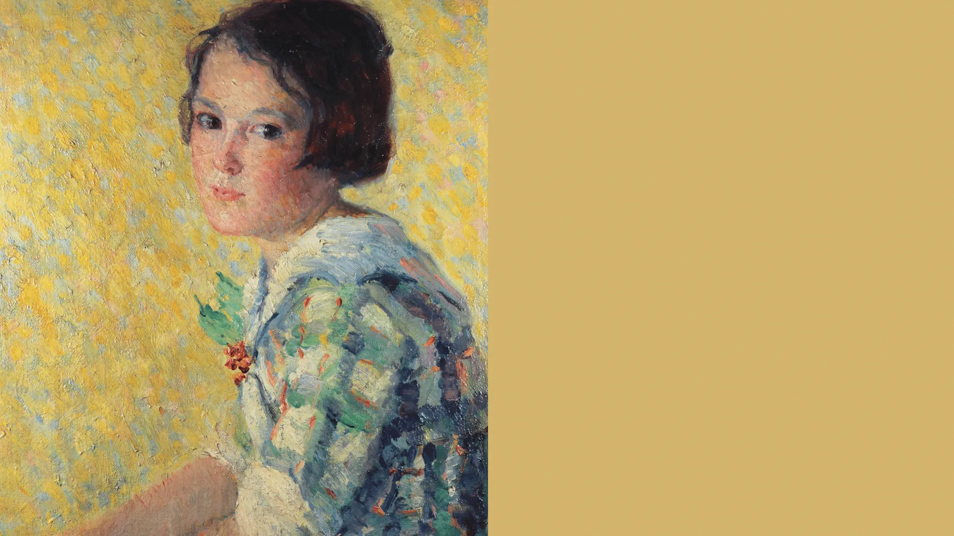 Painting of young girl against yellow background