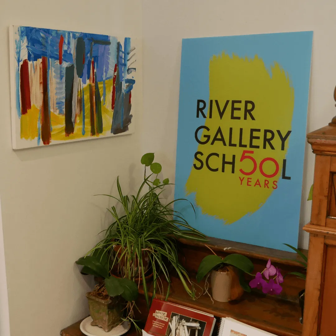 River Gallery School of Art celebrates 50 years with a large sign in the gallery's halway