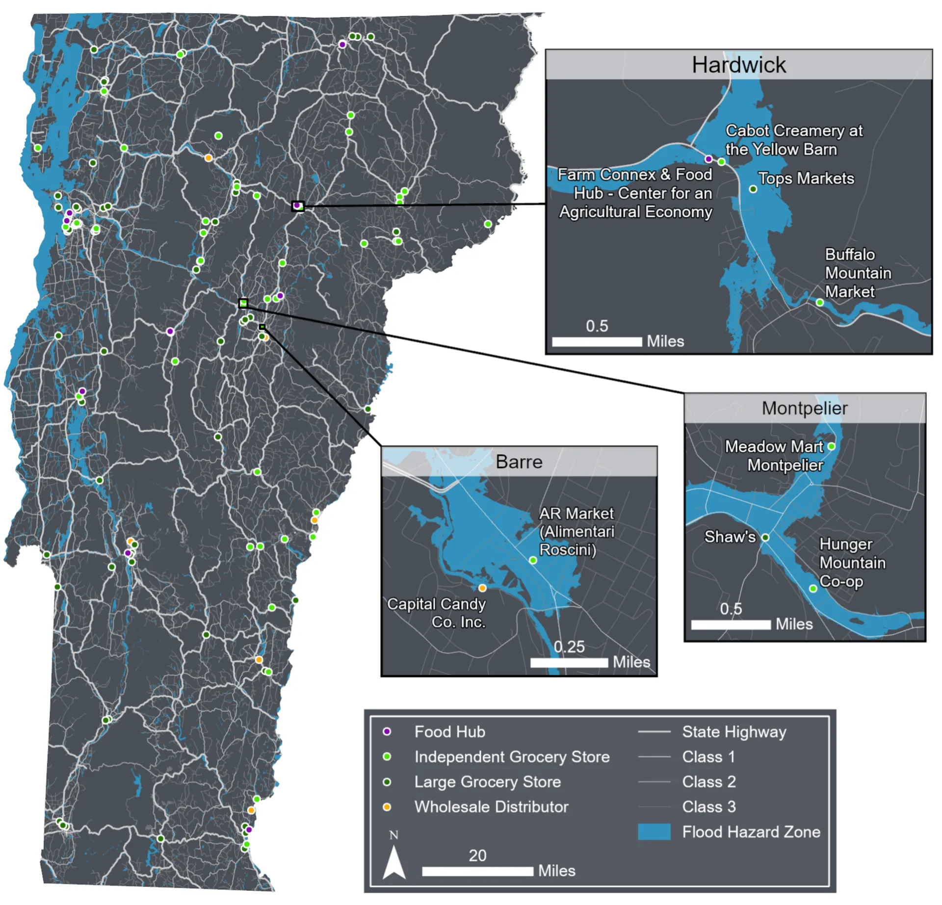 Map of Vermont showing locations of food hubs, grocery stores, and wholesale distributors with state highways and flood hazard zones. Insets highlight Hardwick, Barre, and Montpelier areas with detailed points for markets, co-ops, and food-related businesses, using color-coded symbols and labeled flood zones. Prominent food hubs in these areas are shown to be near or in the flood zones. 