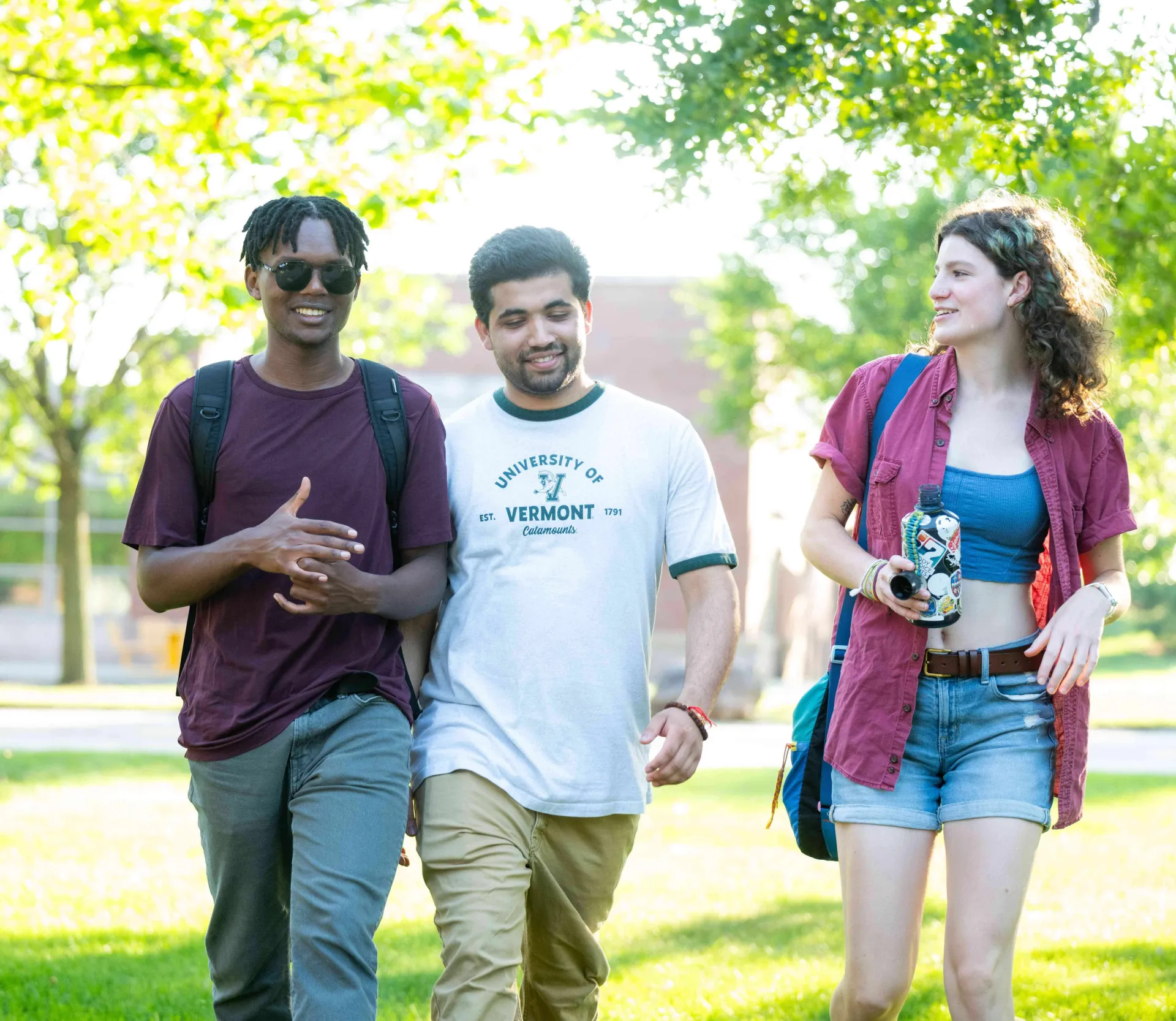 Students walk and talk along a sunny campus pathway.