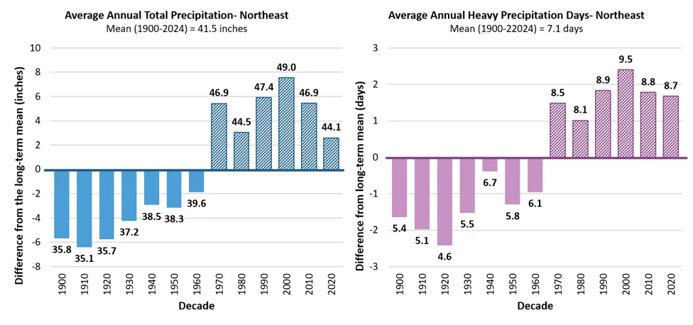 Bar chart with two side-by-side panels showing changes in average annual total precipitation and heavy precipitation days in the Northeast from 1900 to 2024 compared to long-term means. Left panel uses blue bars to display precipitation differences in inches, peaking at +7.5 inches in 1990; right panel uses purple bars for heavy precipitation days, rising to +2.4 days in 2000, highlighting increasing precipitation trends over time. Recent declines are seen in both charts within the last 2 decades.