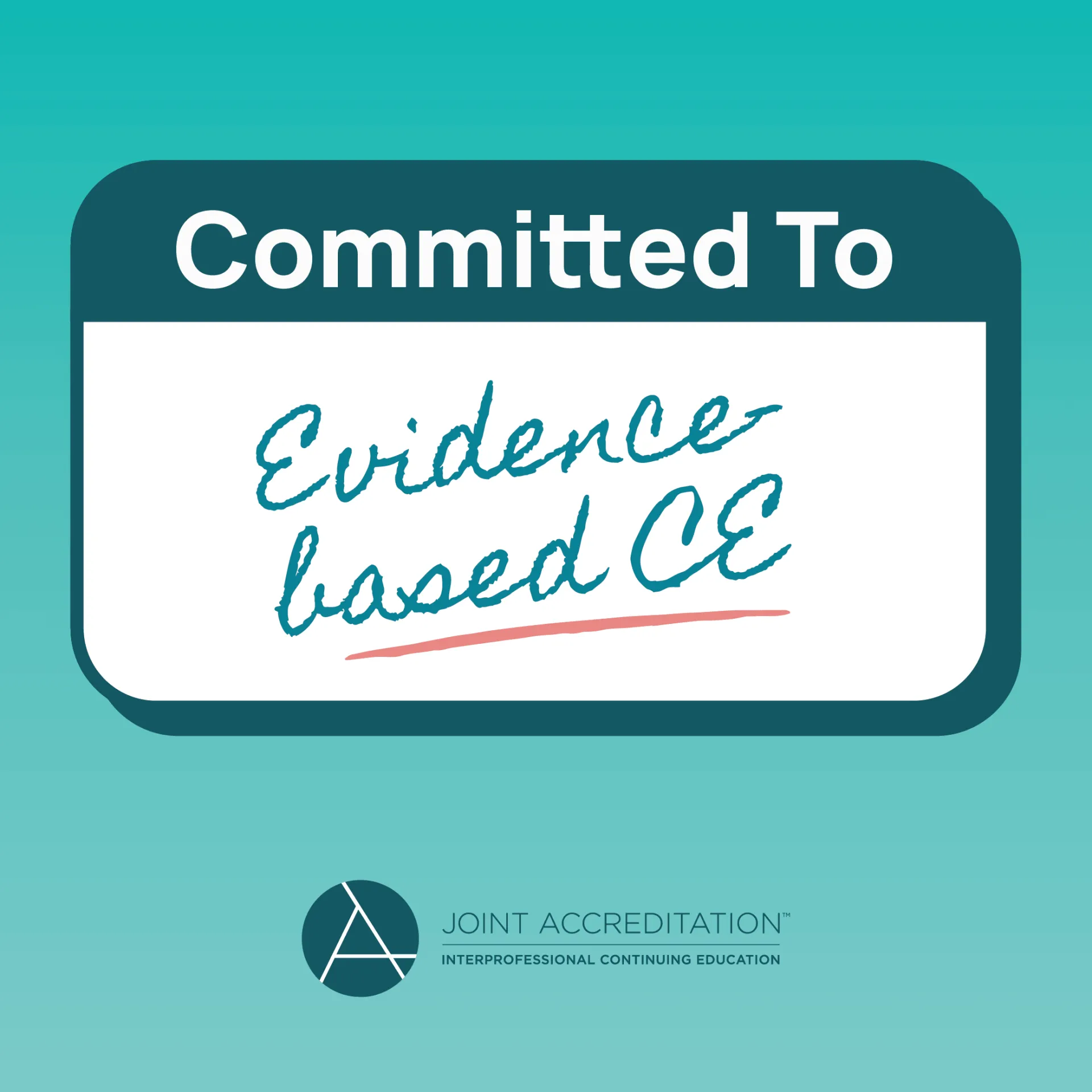 Cartoon of a name tag that says Committed to Evidence based CE