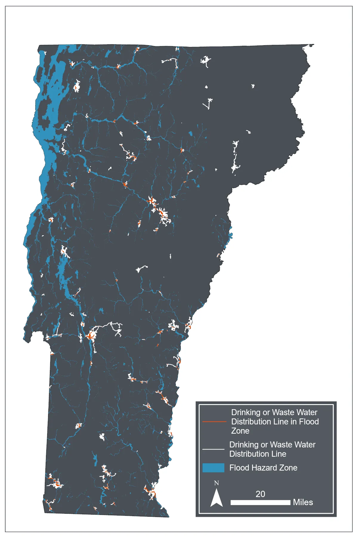 A map of the state of Vermont showing drinking and wastewater distribution lines (including Combined Sewer Systems) overlaid with flood hazard zones. Red lines cover a small but significant portion and are prevalent throughout the state.