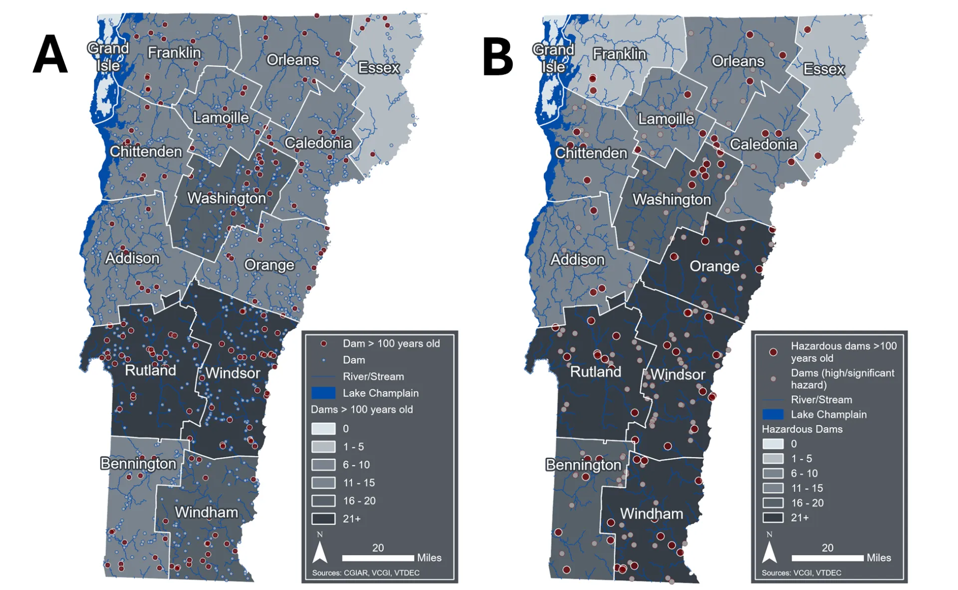 Two panel maps of Vermont showing county boundaries. In Panel A, counties are color-coded by the number of dams over 100 years old. In Panel B, counties are color-coded by the number of high hazard dams. In both maps, red dots are dam locations, and blue areas are lakes and rivers. Counties in the southeast (Orange, Windsor and Windham), along with Rutland County, have the oldest and most hazardous dams in the state.