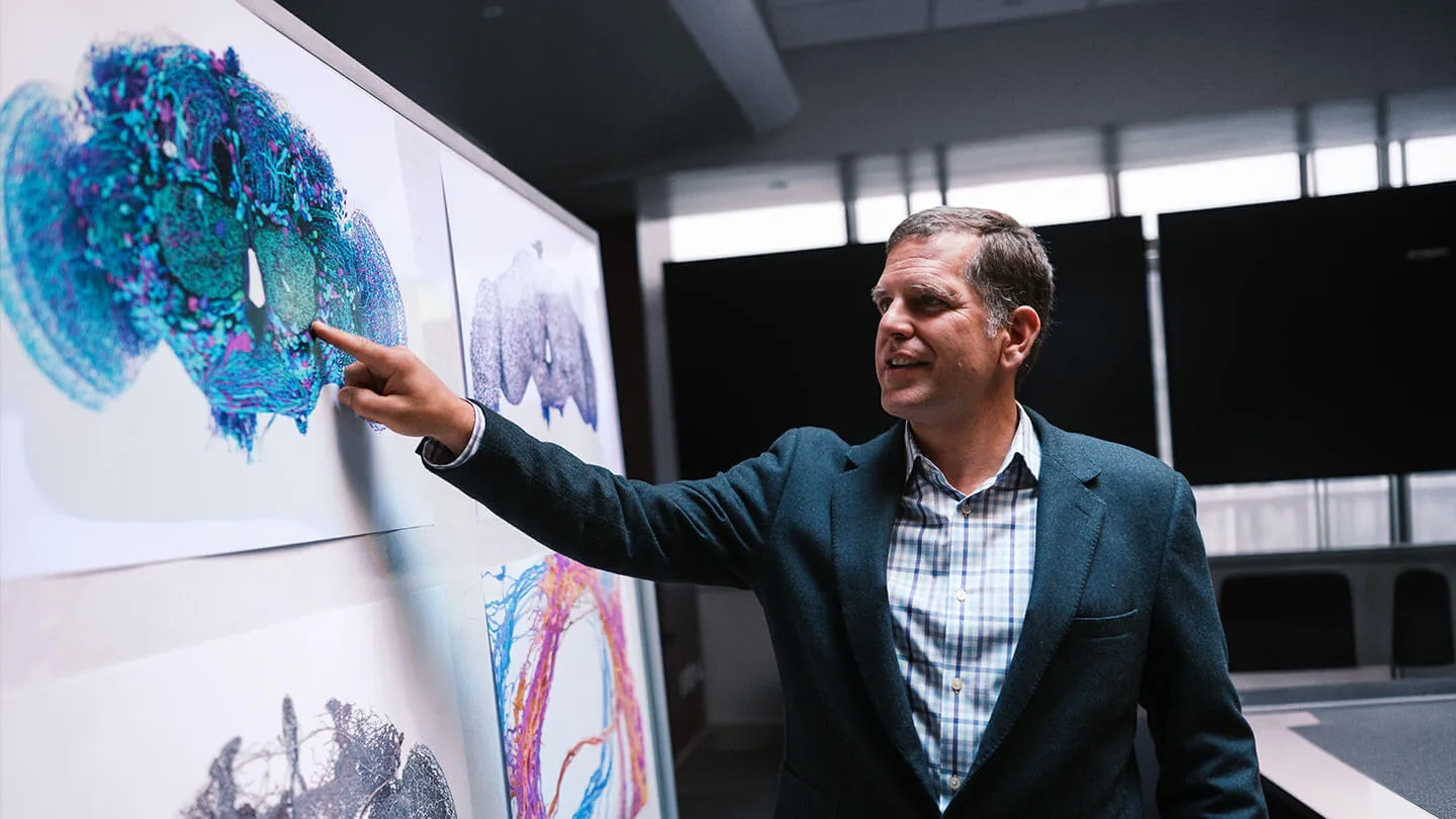 A person in a suit points to a colorful scientific illustration displayed on a wall.