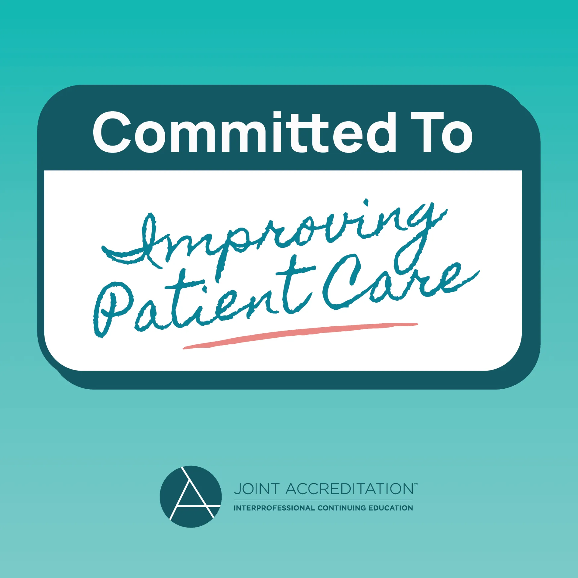 Cartoon of a name tag that says Committed to Improving Patient Care
