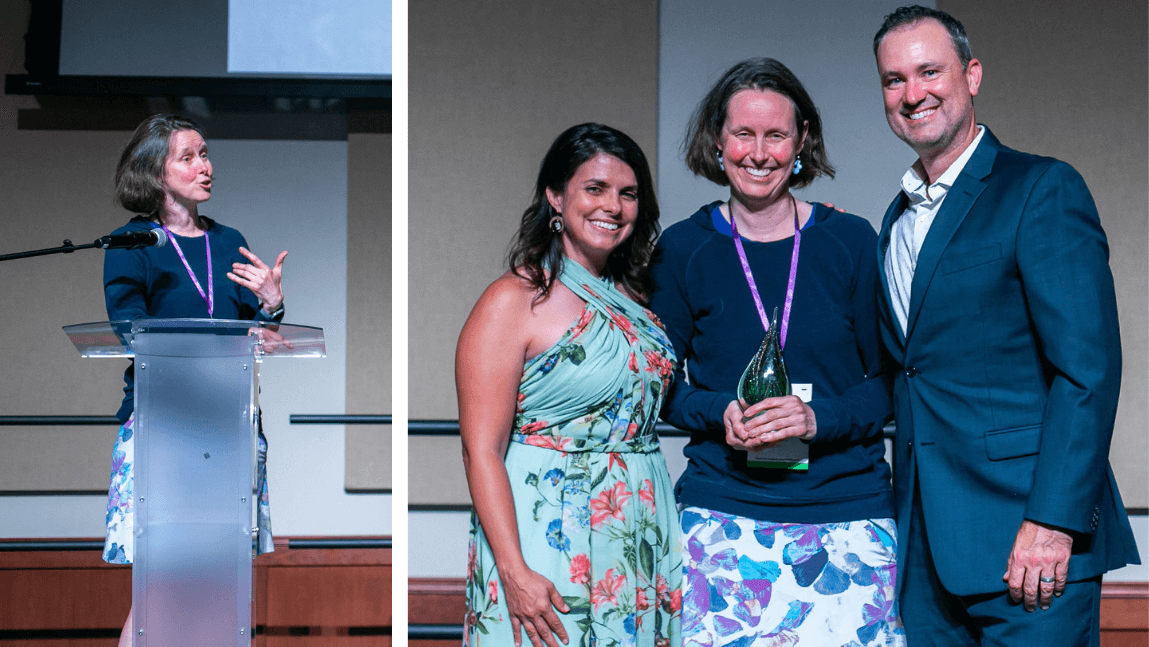 Susan Whitman, above left, address the audience at the The Health and Well-Being Coaching Conference about her work in the field. Above right, Whitman poses with conference organizers Dr. Jessica Matthews and Jay Petterson.