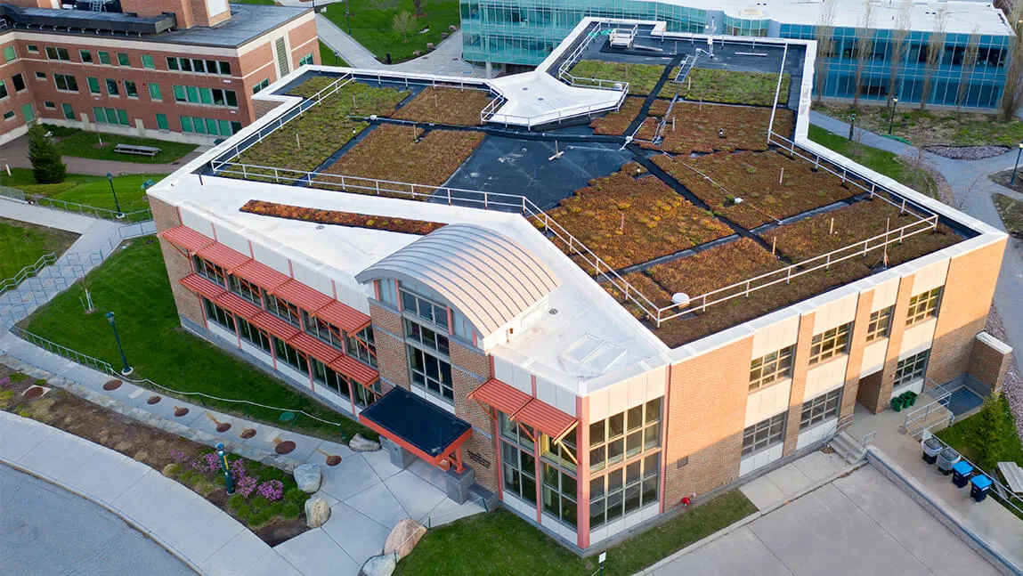 Aerial view of the Aiken Center on the University of Vermont campus, showing vegetation on green roof