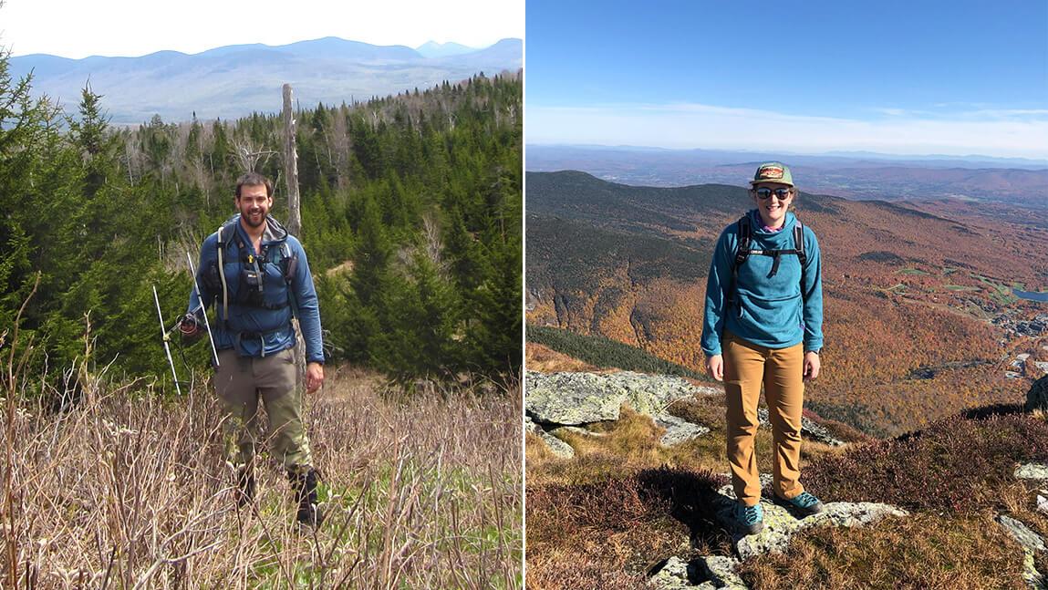 Elias Rosenblatt stands in field in Vermont's Northeast Kingdom and Kenna Rewcastle stands atop Mount Mansfield