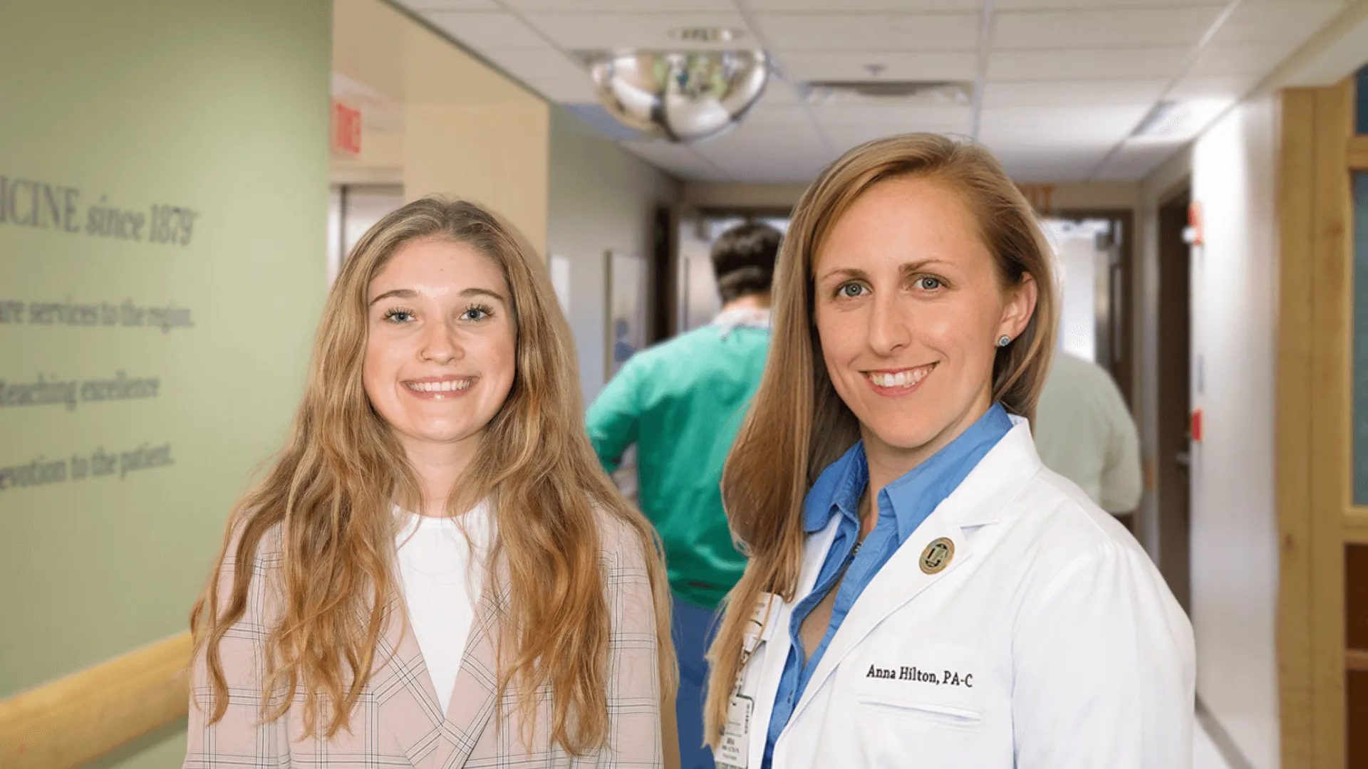 A photo collection of Claire Evans left Anna Hilton right with a backdrop of a hospital hallway