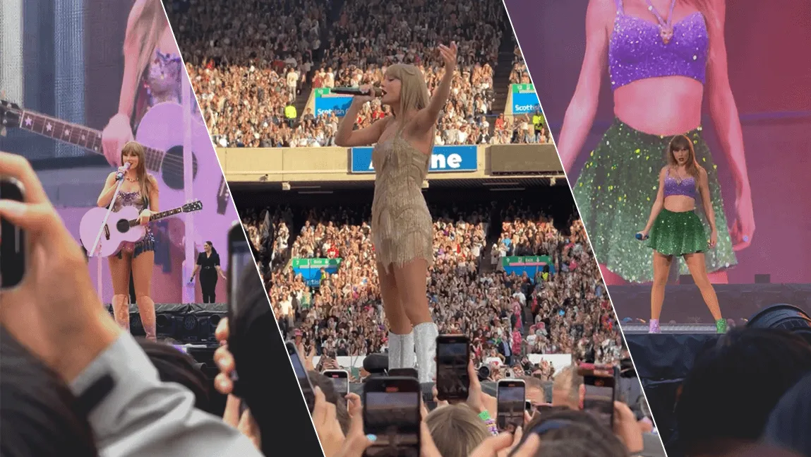 Three images of Taylor Swift in concert