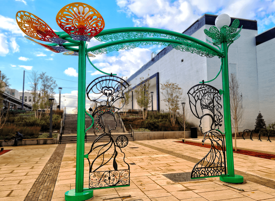 Colorful sculpture in an outdoor patio type setting