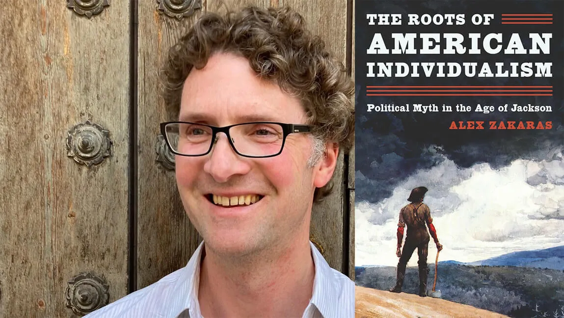 Alex in portrait with rugged, wood grain in the background along with his new bookcover